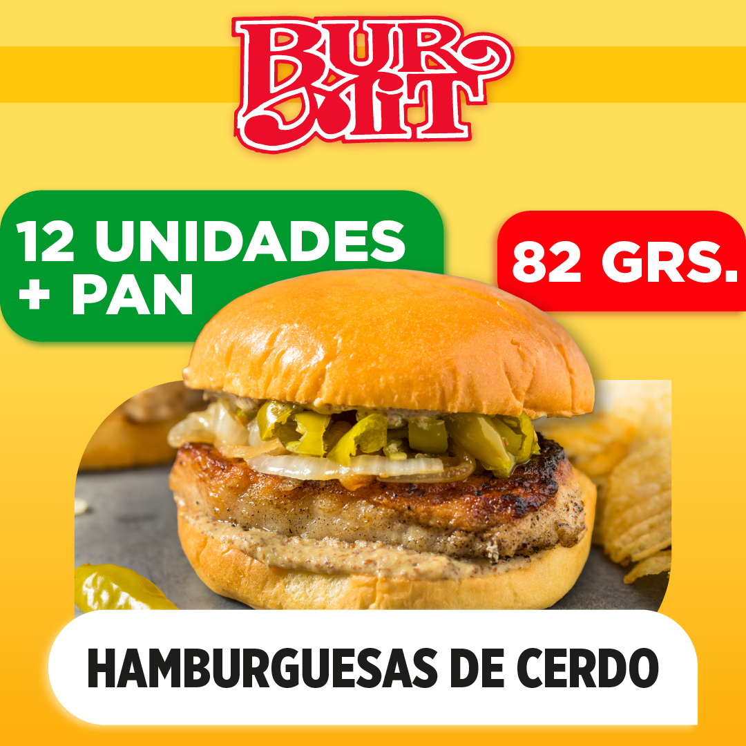 12 Hamburguesas BURMIT de CERDO (82 grs) + Pan